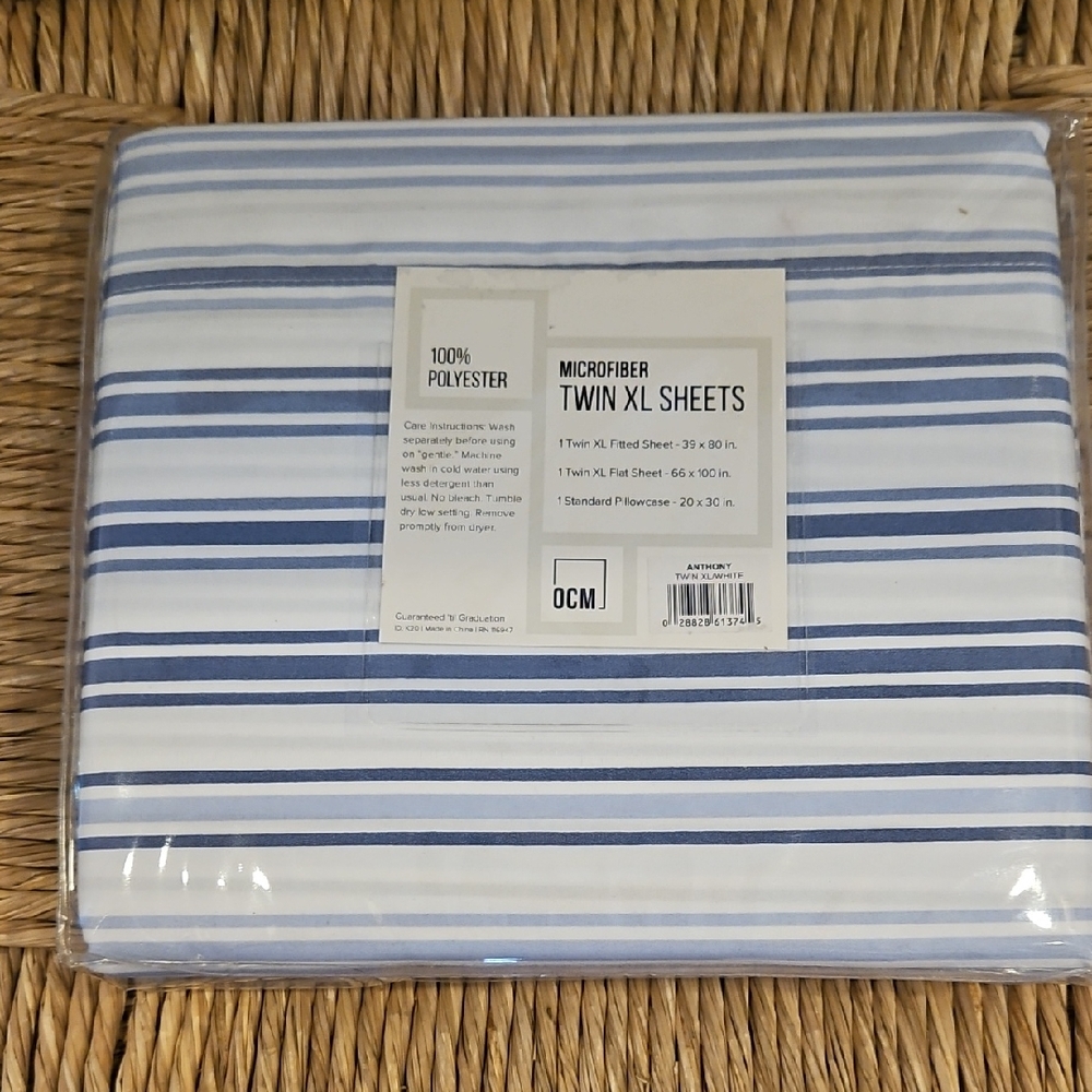 Blue and White Striped Twin XL Microfiber Sheet Set